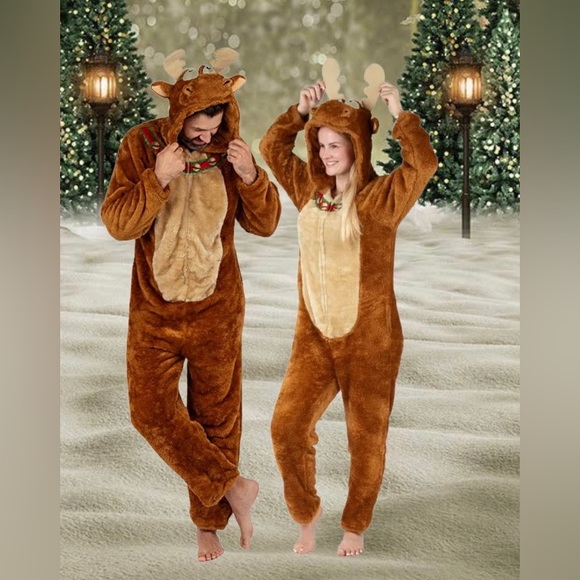 Other - 🦌🚫SOLD🚫Jingle Bell Moose
Onesie Hooded Pajama Brown🦌